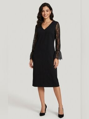 New + Tag Talbots Womens Size 8 Medium Large Black Formal Lace Sleeve Midi Dress